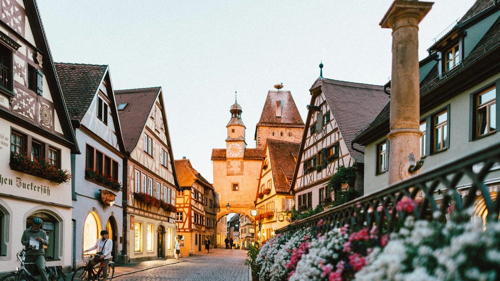Cobbled street and the Markus Tower in Rothenburg ob der Tauber, Germany
